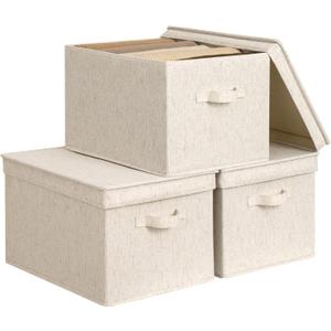 StorageWorks Fabric Storage Bins with Lids, Decorative Storage Bins with Soft Handles, Foldable Storage Baskets for Closet, Shelves, Stackable and Sturdy Organization, Beige, Jumbo, 3-Pack