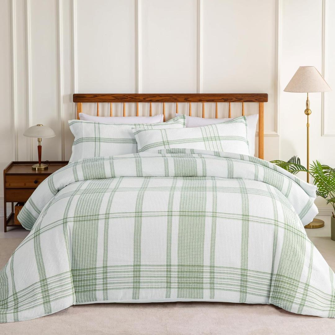 Sophia & William Cotton Comforter Cover Set King Size, Waffle Weave White Duvet Cover Set 3 Piece, White + Green
