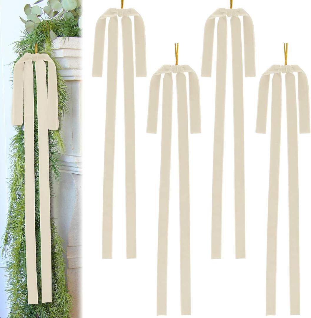 Large Velvet Christmas Bow 23.6x15.7 Inch Vintage Christmas Tree Topper Bows Christmas Staircase Wreath Bows for Xmas Fireplace Decoration (4, Ivory)