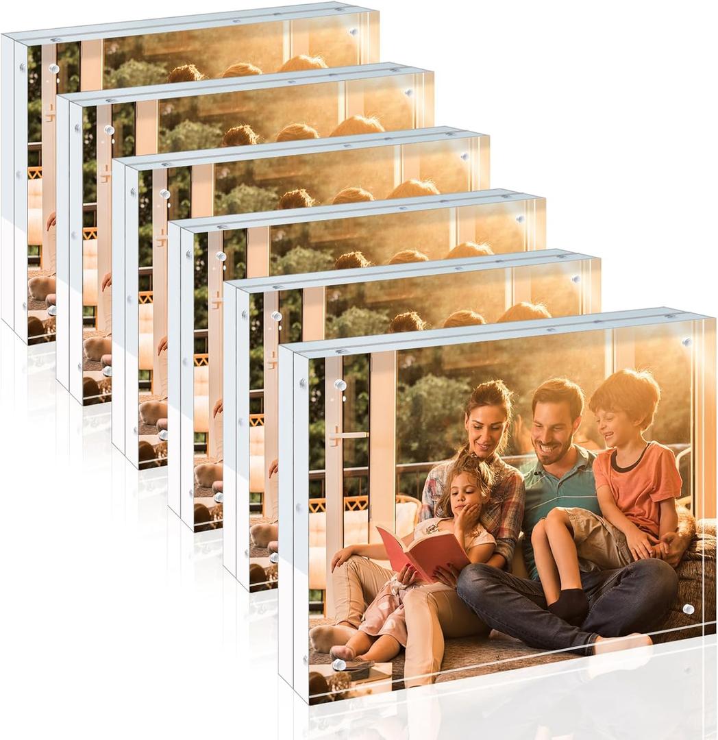 Egofine 8x10 Acrylic Frames 6 Pack, 20mm Thicker Frameless Clear Picture Frames, Double Sided Magnetic Picture Frames, Free Standing Desktop Display