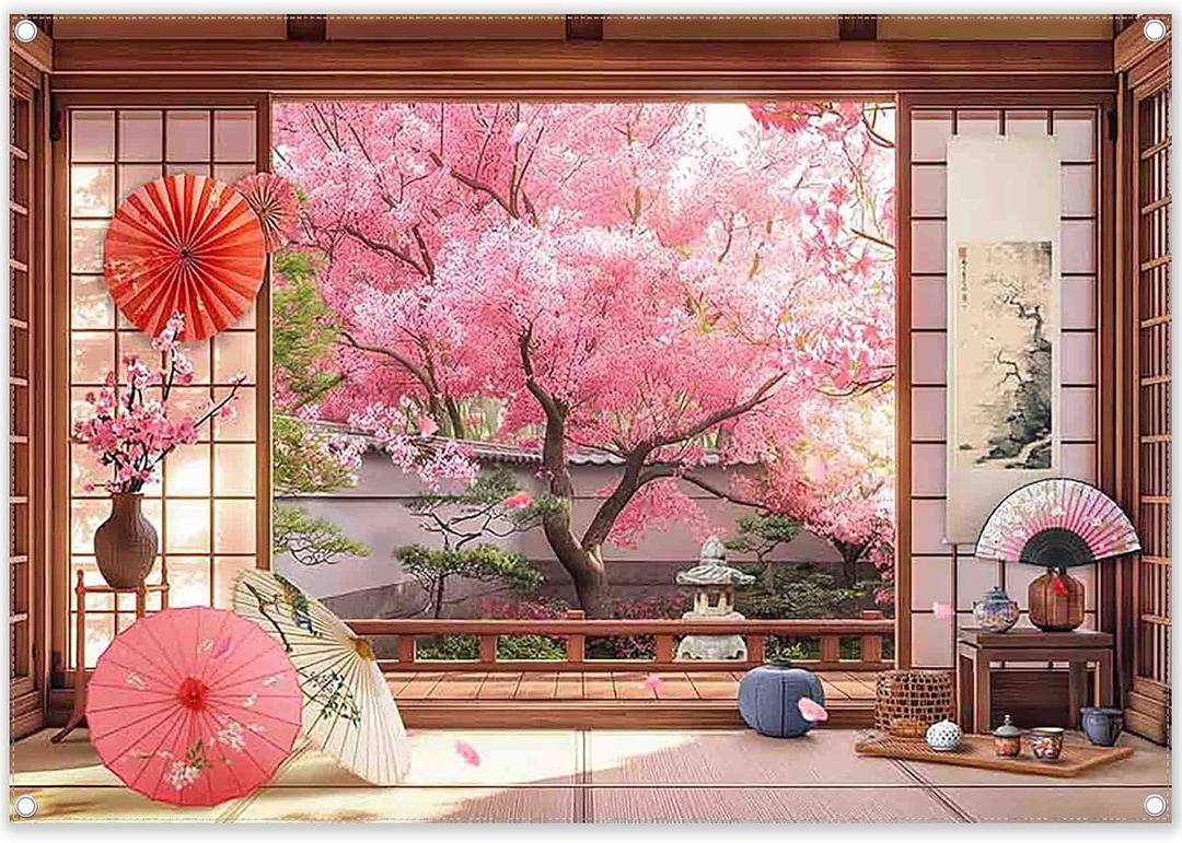 7x5ft Fabric Spring Cherry Blossoms Backdrop Japanese Sakura Garden Photography Background Room Courtyard Indoor Party Decorations Photo Banner Props