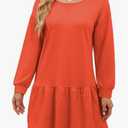Womens 2025 Fall Long Sleeve Pullover Tops Crewneck Rib Knit Patchwork Sweatshirt Dress, Ruffle Casual Cute Mini Dresses,Large, Orange 