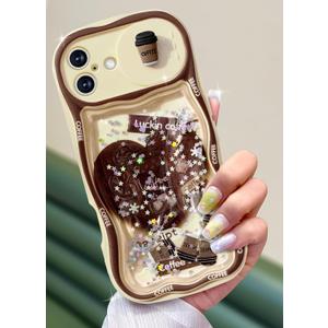 Toycamp for iPhone 16 Plus Case 6.1 Inch - Women Girls Cute Coffee with Sliding Camera Cover Girly Glitter Teens Cartoon Teens Design Flowing Liquid Quicksand Cover for iPhone 16 Plus Phone Case
