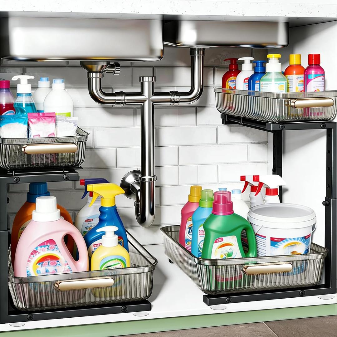 ARSTPEOE Under Sink Organizer - 2 Packs Multi-Purpose Pull-Out Storage Organizers, Slide out Pull out Cabinet Organizer Shelf, Storage for Kitchen Bathroom, Clear
