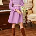 blibean Tween Girls Fall Dresses Kids Semi Formal Flower Lace Puff Long Sleeve Midi Dress Party Wedding Spring Clothes Solid Bridesmaid Flare Outfits Vestidos Nias Size 6-7 Years Old Purple (Purple, M)