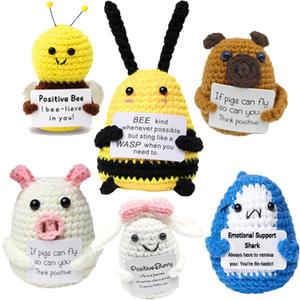 Mini Cute Crochet Gift, 6PCS Funny Bee Knitted Doll with Positive Card, Home Decor, Birthday, Christmas, Kids and Party Gifts