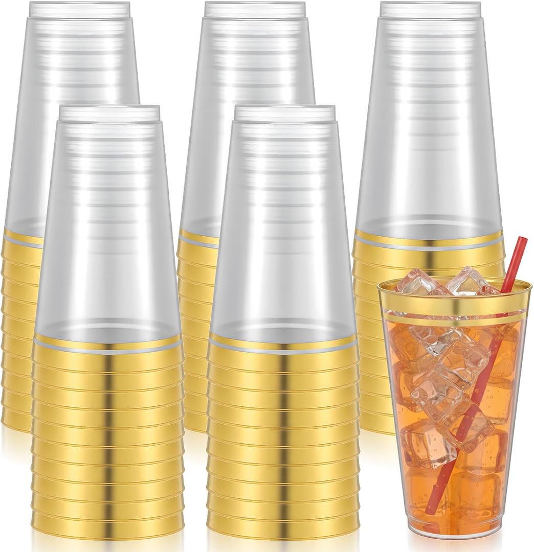 50 Pack 16 Oz Gold Rim Clear Plastic Cups Heavy Duty Disposable Wine Glasses Party Cups for Wedding Christmas Thanksgiving Birthday Party