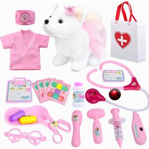 Kids Pet Doctor Kit for Toddlers, 21PCS Kids Doctor Playset with Plush Dog, Medical Toys, Stethoscope, Dress Up Costume, Carrying Bag,Christmas Birthday Gifts for Ages 3 4 5 6 7 8 Year Old Girls (White)
