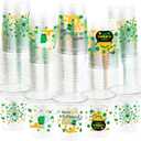 WorldBazaar St. Patrick's Day Disposable Cups 100 pcs Green Shamrock Plastic Drink Cups for Beverages Lucky Irish St. Paddy's Day Party Supplies 12 oz