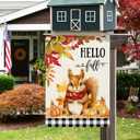 DLZDN Hello Fall Squirrel Garden Flag Autumn Pumpkins Maple Leaves Flag 12×18 Inch Double Sided Buffalo Plaid Farmhouse Yard Flag Thanksgiving Holiday Outdoor Decor
