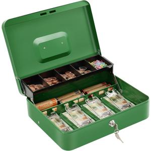 Cash Box with Lock Key and Money Tray - Large Money Box for Cash Register, Metal Lock Box for Money Safe 11.8" x 9.4" x 3.54" Green