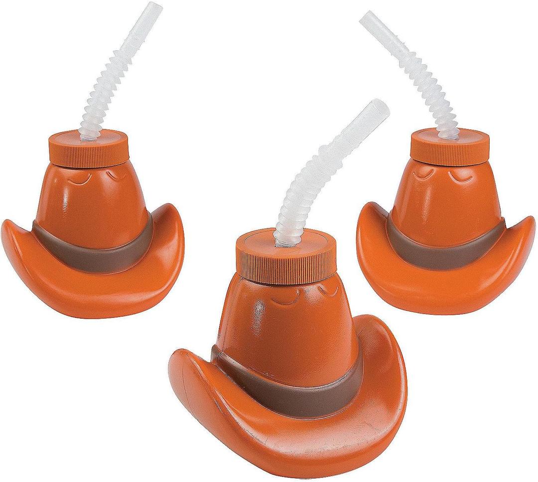 Fun Express Cowboy Party Favors - Western Cups with Lids & Straws 12 Pack | Cowgirl Birthday Party Supplies for Kids | Rodeo Themed Celebrations | Plastic Cowboy Hat Cups 15oz | Boot Cup Design