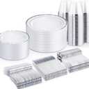 WELLIFE 450 PCS Silver Disposable Dinnerware Set for 75 Guests, Wedding Plates Silver Plastic Plates for Party, Including 75 Dinner Salad Plates, Cups, Forks Knives Spoons for Wedding and Party