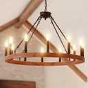 HHR 32'' Wagon Wheel Chandelier with Wood Grain Finish, 12-Light Farmhouse Wagon Wheel Chandeliers for Dining Room, Modern Round Iron Candle Chandeliers Light for Living Room, Foyer, Entryway, E12
