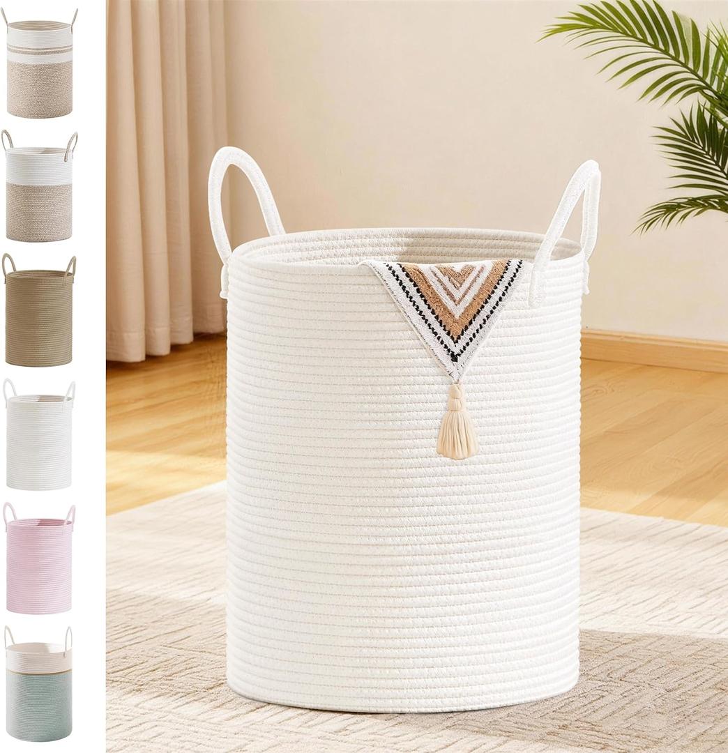 Tall Laundry Basket with Handles, 53L Portable Dirty Clothes Hamper, Boho Cotton Rope Storage Bin for Blankets Kids Toys Gifts, Decorative Organizer for Baby Nursery Bedroom Bathroom, White