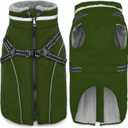 Fragralley Dog Coat with Harness Built in, Waterproof Windproof Reflective Warm Puffer Jacket, Fleece Lined Vest Winter Parka for Dogs (Green, XL)