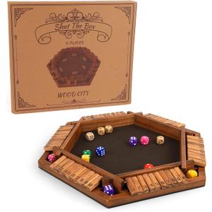 WOOD CITY Shut The Box Game Wooden for 6 Players, Close The Box Math Game for Kids Adults with 16 Dice, 6 Way Tabletop Quick Board Game for Family Friends 3+ Years Old in Classroom, Party or Pub