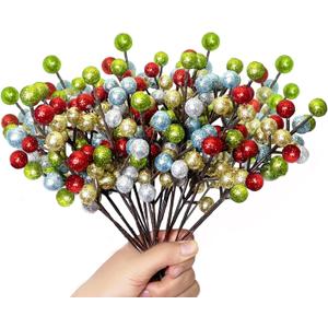 24 Pack Christmas Glitter Berries Stems, 8.5 Inch Artificial Christmas Picks, Berry Branches for Christmas Tree Ornaments, DIY Wreath, Crafts, Holiday and Party Decor (Colorful A)