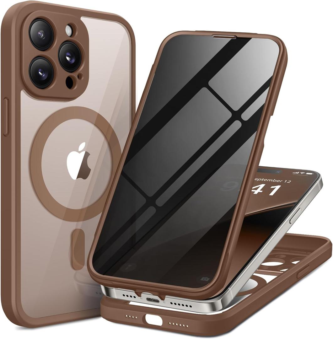 BERFY for iPhone 14 Pro Max Case, Compatible with MagSafe, Built-in Privacy Screen Protector and Camera Protection, Anti-Spy Full Body Shockproof Clear Phone Case for 14 Pro Max 6.7", Desert Gold