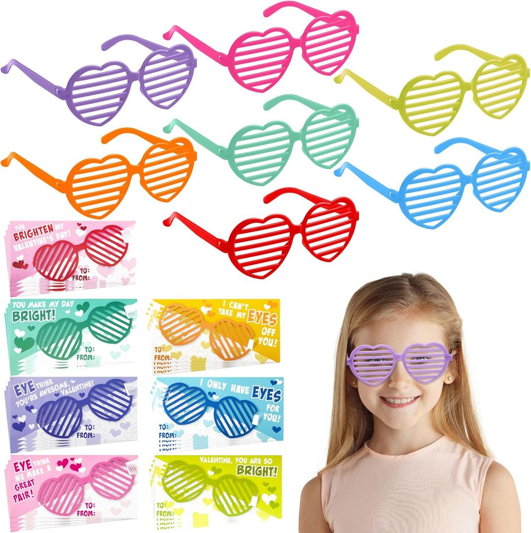 JOYIN 28 Pcs Valentines Day Heart Shaped Shutter Shade Glasses with Gift Cards, Valentine's Classroom Exchange Gifts, Party Favors for Kids, Classroom Holiday Prizes