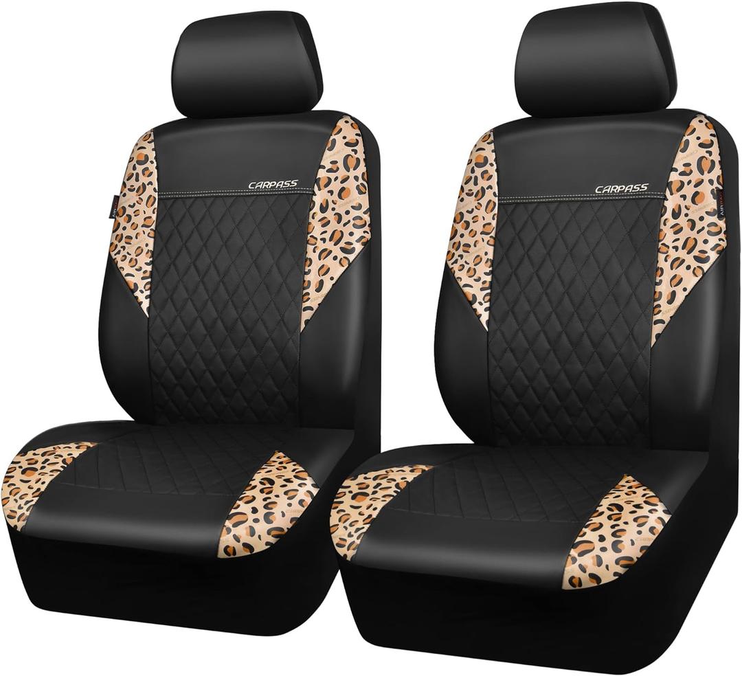 CAR PASS Leather Leopard Two Front Seat Cover Only, Universal Quilting Waterproof Deluxe PU Premium Vinyl Luxury Car Seat Cover Airbag Compatible for Most Sedan,SUV,Truck(Two Front, Brown Leopard)