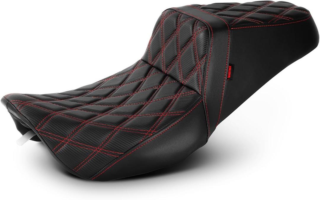 One-Piece Driver and Passenger Seat with Diamond Pattern Stitching Fit for Harley Touring Road King 1997-2007 Street Glide 2006-2007 (Red Stitching)