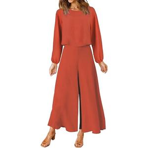 ROYLAMP Women's Summer 2 Piece Outfits Round Neck Crop Basic Top Cropped Wide Leg Pants Set Jumpsuits, Size L