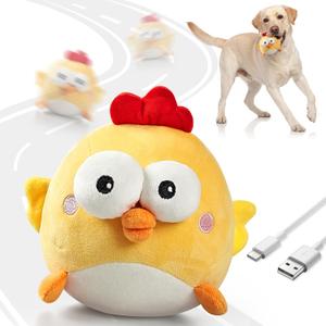 Interactive Dog Toy Ball for Small Dogs, Rechargeable Chicken Bounce Ball with Upgrade Removable Zipper for Large Dogs, Squeaky Move Jump Toy for Pets Keep Busy, No Loud Music (Yellow Chicken)