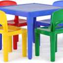 Humble Crew Kids Plastic Table and Chair Set, Toddler Activity Table with 4 Chairs, Lightweight Easy-Clean Kids Desk for Play, Snacks-Crafts, Indoor Outdoor Playroom Furniture, Blue/Primary