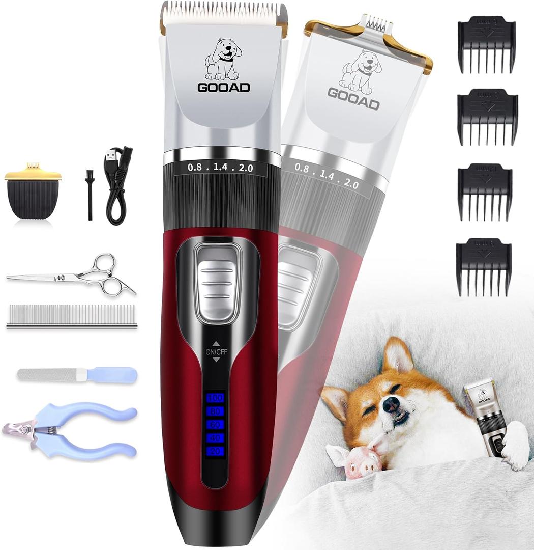 Dog Clippers Grooming Kit and Paw Trimmer,Cordless,Low Noise, Electric Quiet,Rechargeable, Dog Trimmer Grooming, Pet Hair Clippers for Thick Coats,Shaver for Small and Large Dogs Cats(Red)