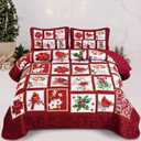 Luxudecor Christmas Quilt Set Twin Size Cardinal Birds Quilt Poinsettia Holly Mistletoe Patchwork Bedspread Bedding Set Soft Microfiber Bed Cover with Pillow Shams 68"x 86"