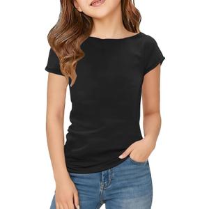 Floral Find Girls Raw Cut Cap Sleeve Tee Summer Boat Neck Lightweight Tops Cute Basic T-Shirts, Black, 8-9Y