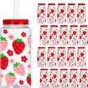 FYSUIMU 20 Pcs Strawberry Plastic Cups with Lids Straws Clear Reusable Mason Jar Red Pink Flower Strawberry Drinking Cups for Birthday Baby Shower Supplies, 14 Oz