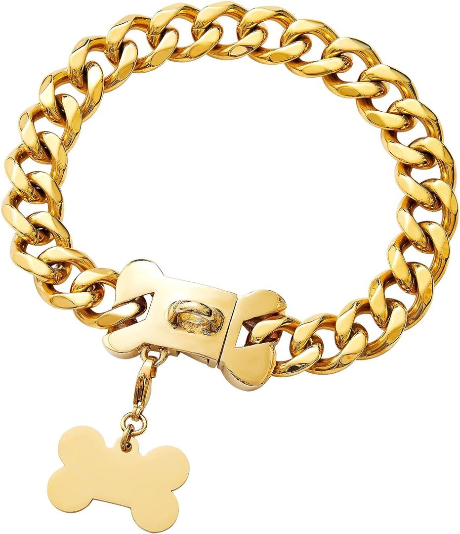 Strong Stainless Steel Thick Cuban Link Gold Dog Collar,Heavy Duty Chew Proof Metal Chain Fashion Necklace Collar for Large Dogs(Long 24'',Width 0.75'')