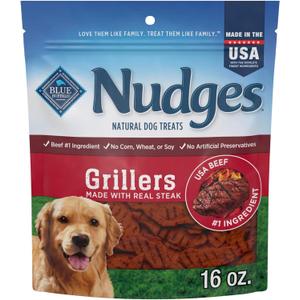 Blue Buffalo Nudges Grillers Natural Dog Treats, Made in the USA with Real Steak, 16-oz Bag (EXP 04/30/26)