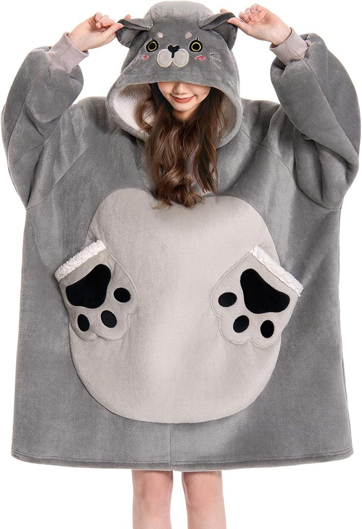 OLAOLA Cat Wearable Blanket Hoodie for Adult, Oversized Animal Hooded Blanket with Pockets & Sleeves, Soft Sherpa Cat Style Sweatshirt Comfy for Birthday Gifts