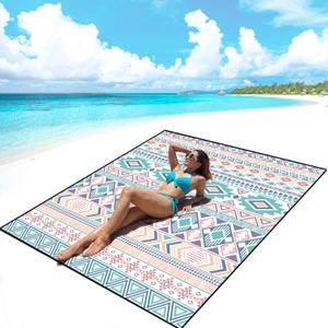 AISPARKY Beach Blanket Waterproof Sandproof, Oversized Large Beach Mat 79" X 83"/120"x108" for 1-8 Adults, Quick Drying&Compact&Lightweight, Picnic Mat Vacation Essentials for Beach Camping Travel (Bohemian-green Pink)