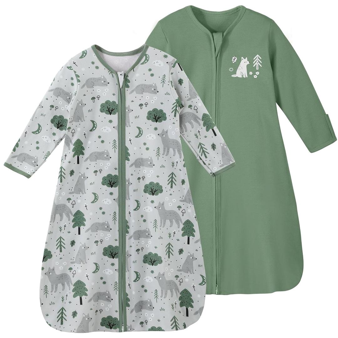 Yoofoss Baby Sleep Sack 18-24 Months Long Sleeve Wearable Blanket Baby 100% Organic Cotton 2-Way Zipper 0.5 Tog Green & Fox Toddler Sleeping Sack, Lightweight(X-Large)