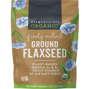 Viva Naturals Organic Ground Flaxseed, 15 oz (425 g) Plant-Based Protein, Vegan Omega-3 & Fiber, Finely Milled Flax Seeds, Perfect for Smoothies & Baking (Best By: 04/27)