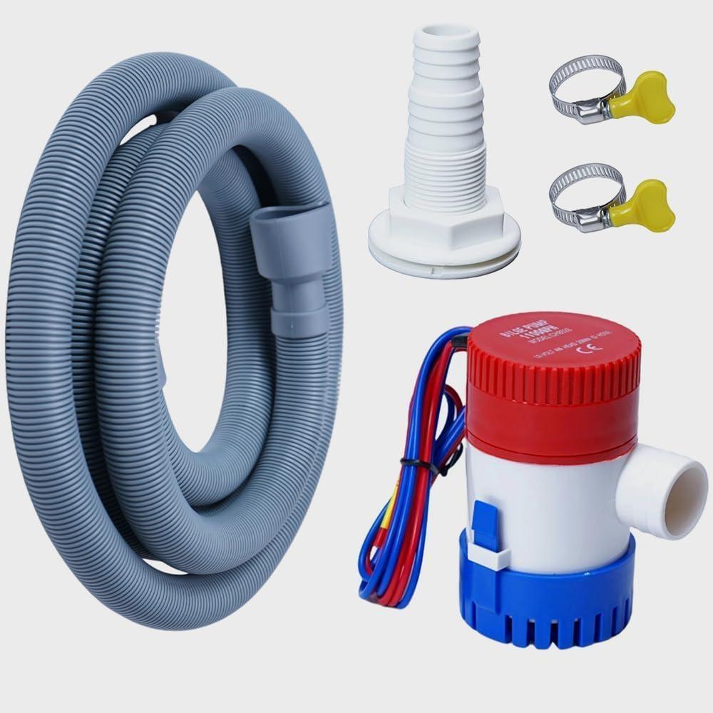 12v 1100gph Boat Bilge Water Pump, 1-1/8 Inch Bilge Pump Plumbing Kit, 6.5FT Bilge Pump Hose, 2 Stainless Steel Clamps and Thru-Hull Fitting