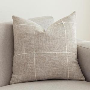 vctops Rustic Lattice Cotton Linen Decorative Throw Pillow Cover Embroidery Square Cushion Cover Pillowcase for Sofa Bedroom Couch (Plaid Coffee, 18"x18") (18" x 18" (Pack of 1))