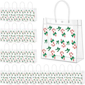 Harloon 24 Pcs Christmas Clear Plastic Gift Bags with Handle, PVC Goodie Candy Treat Bags Reusable Tote Bag for Xmas Winter Party Favor Gifts Supplies, 9.84"x 9.84"x 3.54"(Candy Cane)
