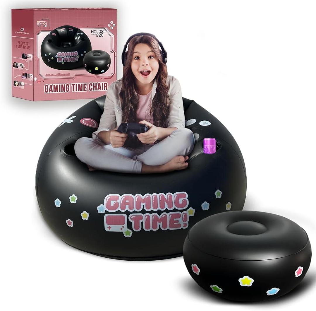 FranFusion Inflatable Pink Gaming Chair for Kids & Teens with Cup Holders and Side Pocket - This Air Bean Bag Game Chair is The Perfect Furniture for Gamer Room Dcor (Gaming Time with Ottoman)