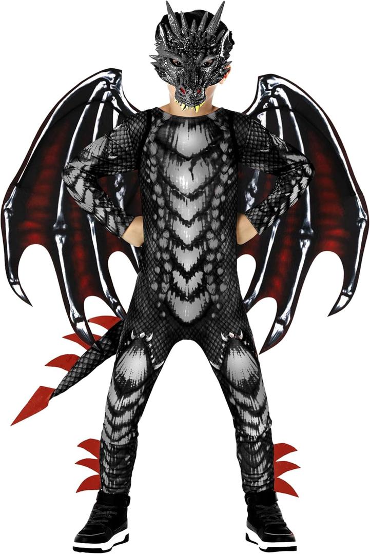 Morph Black Red Dragon Costume Kids Dragon Costume for Boys Jumpsuit Halloween Costumes for Kids (Large)