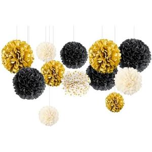 NICROLANDEE Black and Gold Party Supplies for 2025 Graduation - 12PCS Metallic Foil Paper Lanterns Decorative for Graduation, Wedding, Birthday, Baby Shower, Retirement Party, New Years Eve Party