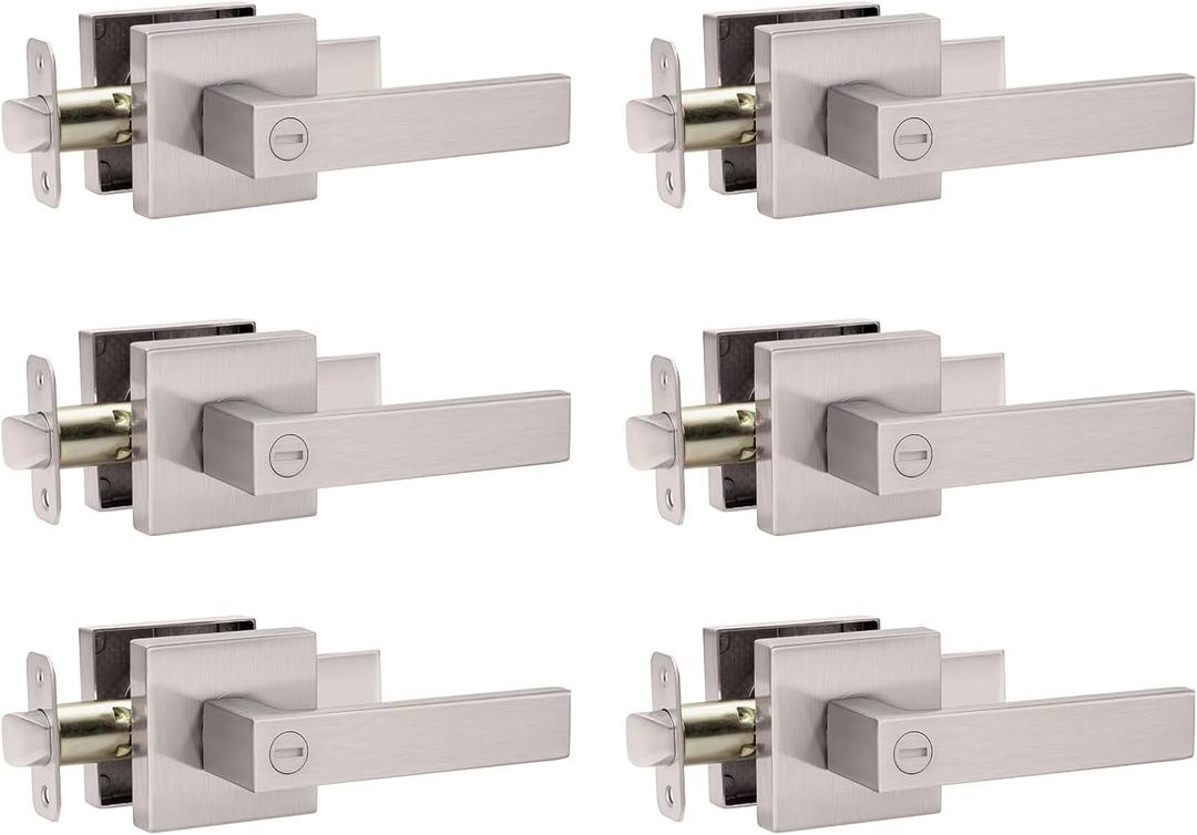 Interior Door Handle Satin Nickel Door Knob Keyless Levers Set (6 Pack), Heavy Duty Privacy Door Handle Lock for Bedroom or Bathroom, Square Door Lock for Left Right Handle Doors