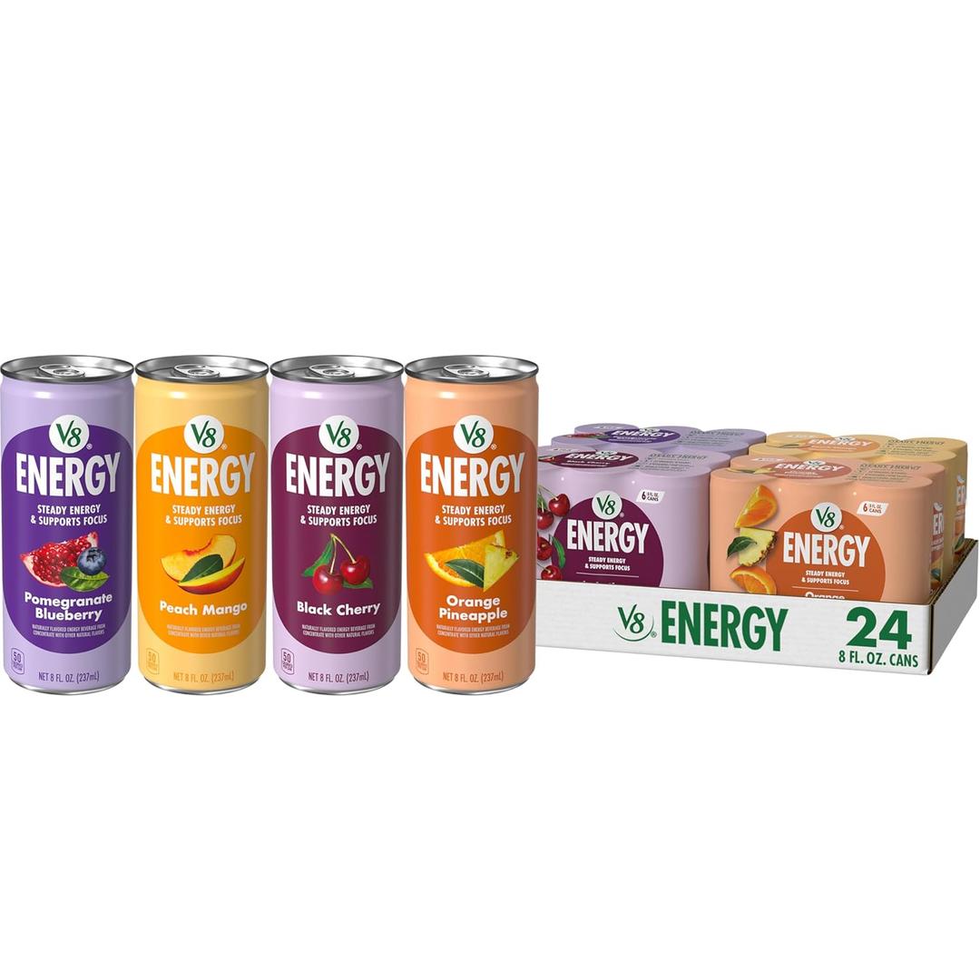 V8 +Energy Peach Mango, Orange Pineapple, Black Cherry and Pomegranate Blueberry Juice Energy Drinks, 8 fl oz Can (24 Pack), Best By: September 21 2026