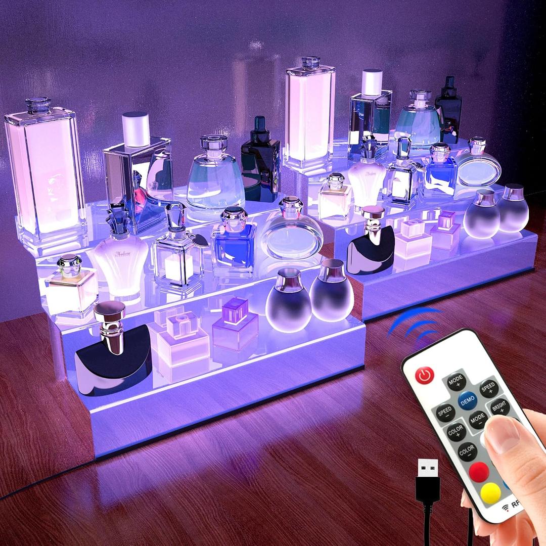 12 IN Clear Acrylic Display Riser Shelf with LED light,3 Tier Display Step Shelves Holder, Perfume Cologne Organizer Holder,Pops Toys Figures, Clear Cupcake Riser, Dessert Shelf, Decoration on Tabletop(2 Pack)