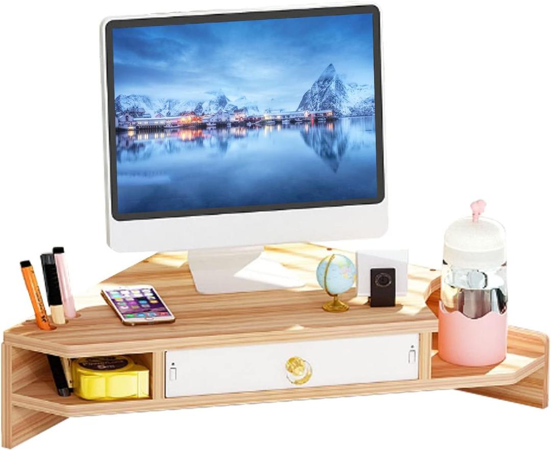Triangle Monitor Stand Riser,Cut Triangle Save Space Desktop Corner,Desktop corner shelf with drawers wooden computer stand with storage laptop risers office organization. (Have drawers)