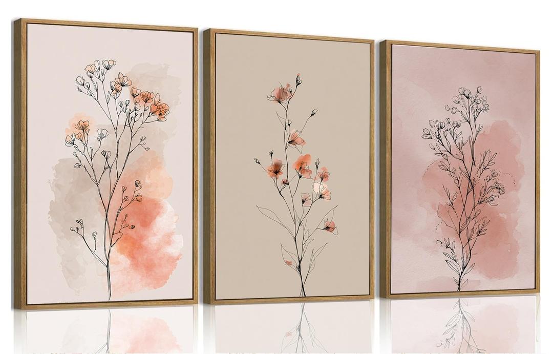 okudolit Boho Vintage Flower Wall Art Set of 3 Minimalist Floral Botanical Prints Rustic Wildflower Wall Decor Beige and Pink Neutral Plant Painting for Living Room Bedroom Office-16x24in